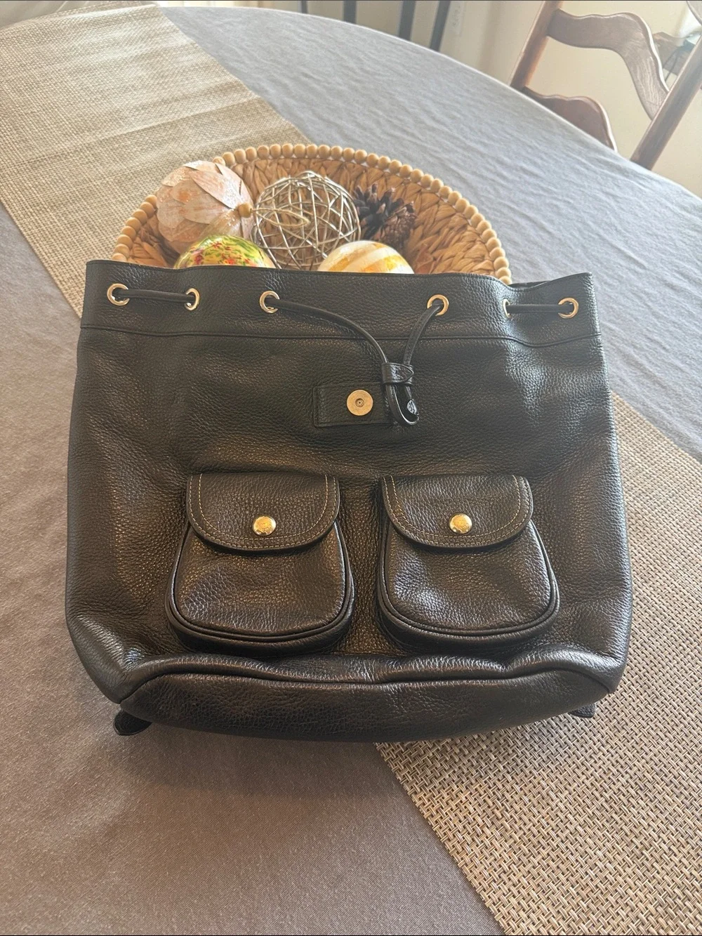 Coach Black Pebbled Leather Drawstring Flap Backpack with Front Pockets